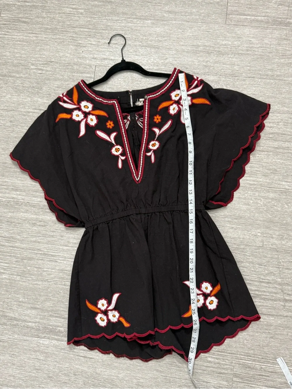 Free People Black Embroidered Romper Boho Festival Flutter Sleeve Floral Cotton‎